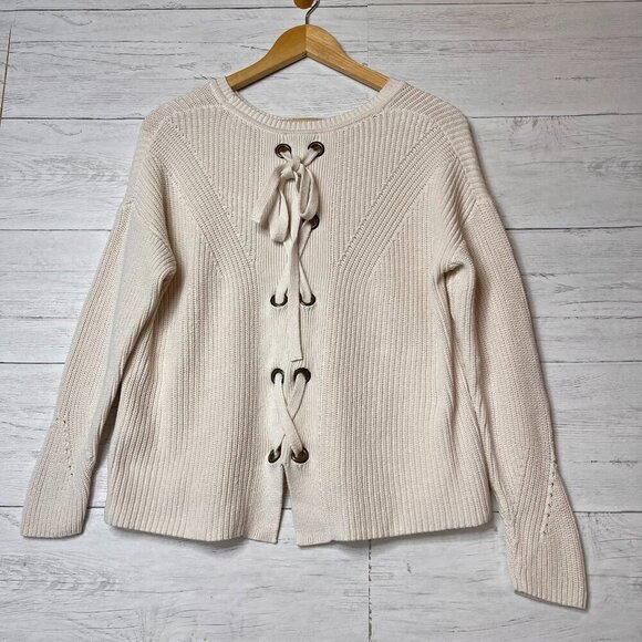 Lucky Brand Sweater Womens Size S/P Ivory 100% Cotton Lace Up Grommets Ribbed - Picture 1 of 16